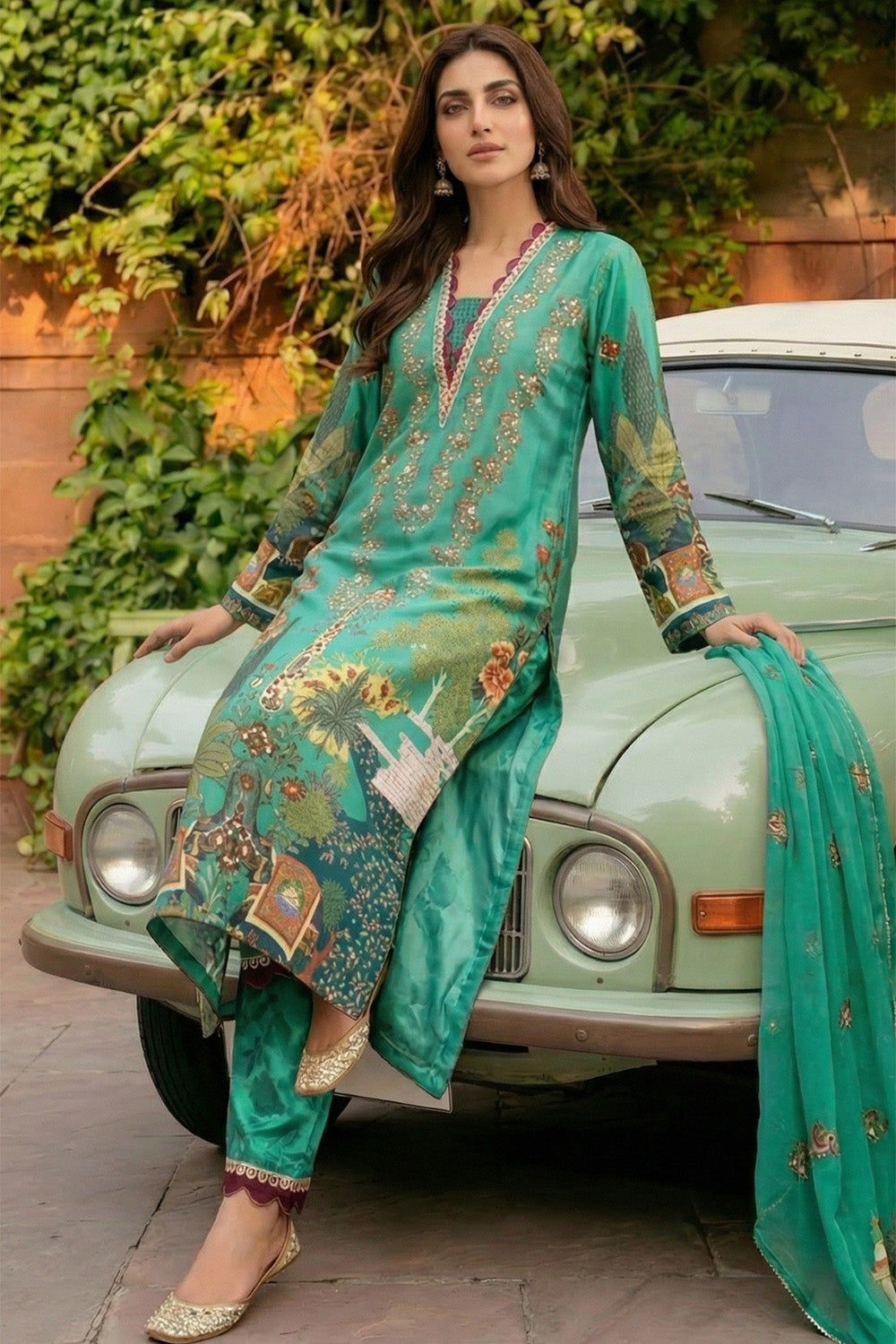 3 Piece - Embellished Printed Shamoz Silk Suit LFP1166