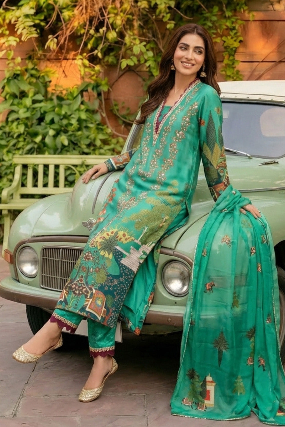 3 Piece - Embellished Printed Shamoz Silk Suit LFP1166