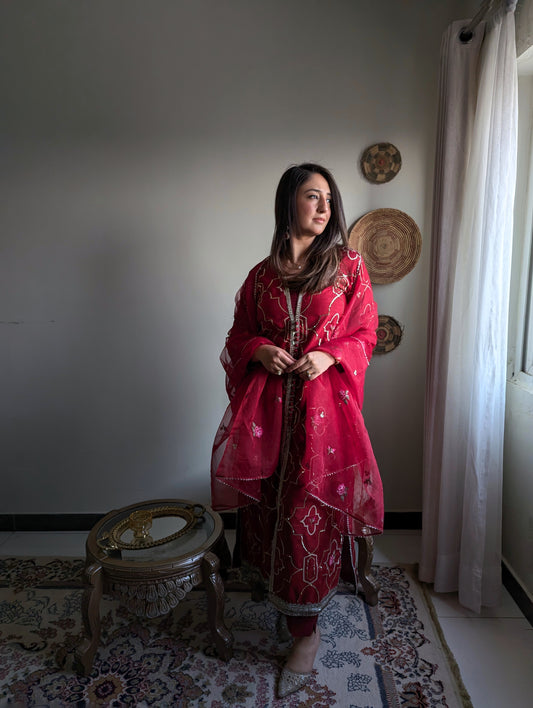 3 Piece - Embroidered Korean Silk Suit LFP1131