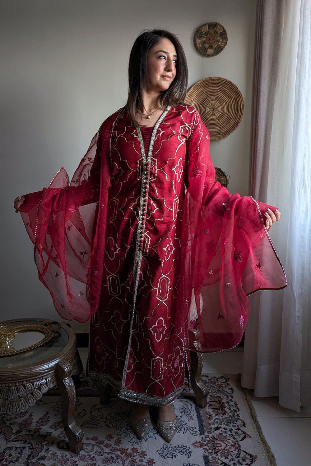 3 Piece - Embroidered Korean Silk Suit LFP1131