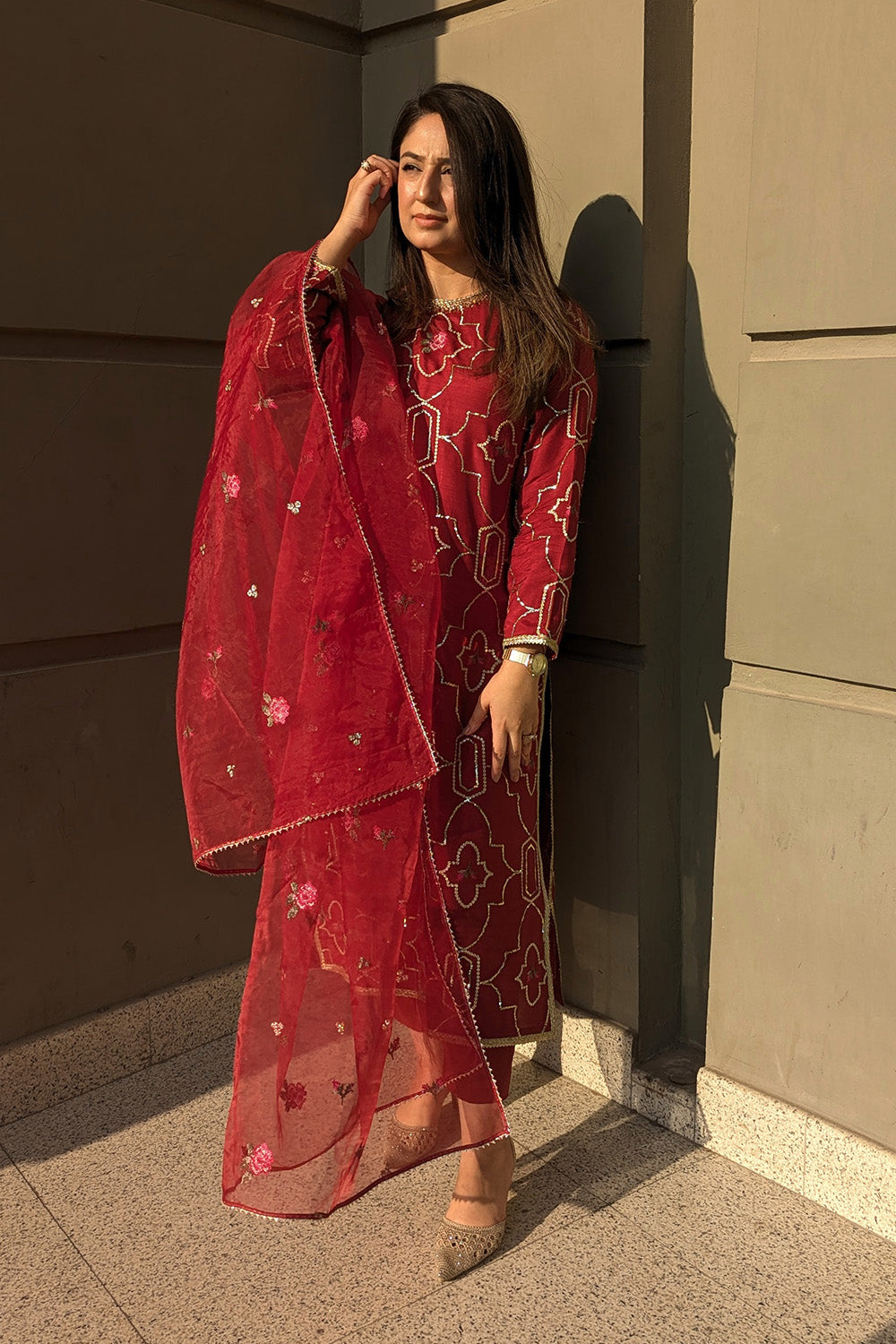 3 Piece - Embroidered Korean Silk Suit LFP1143