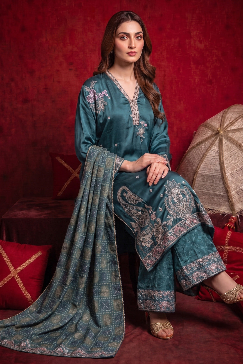 3 Piece - Premium Pure Tussar Silk Embroidered Suit LFP1153