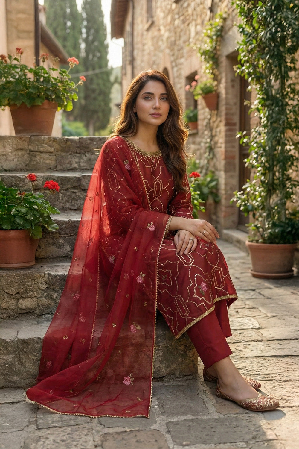 3 Piece - Embroidered Korean Silk Suit LFP1143