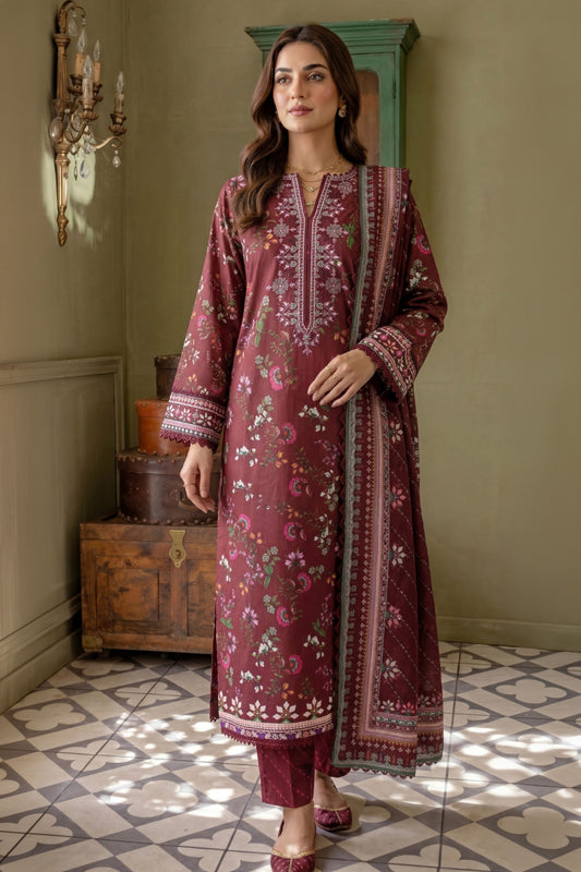 3 Piece - Embroidered Digital Printed Lawn Suit U001231 (Unstitched and Stitched)