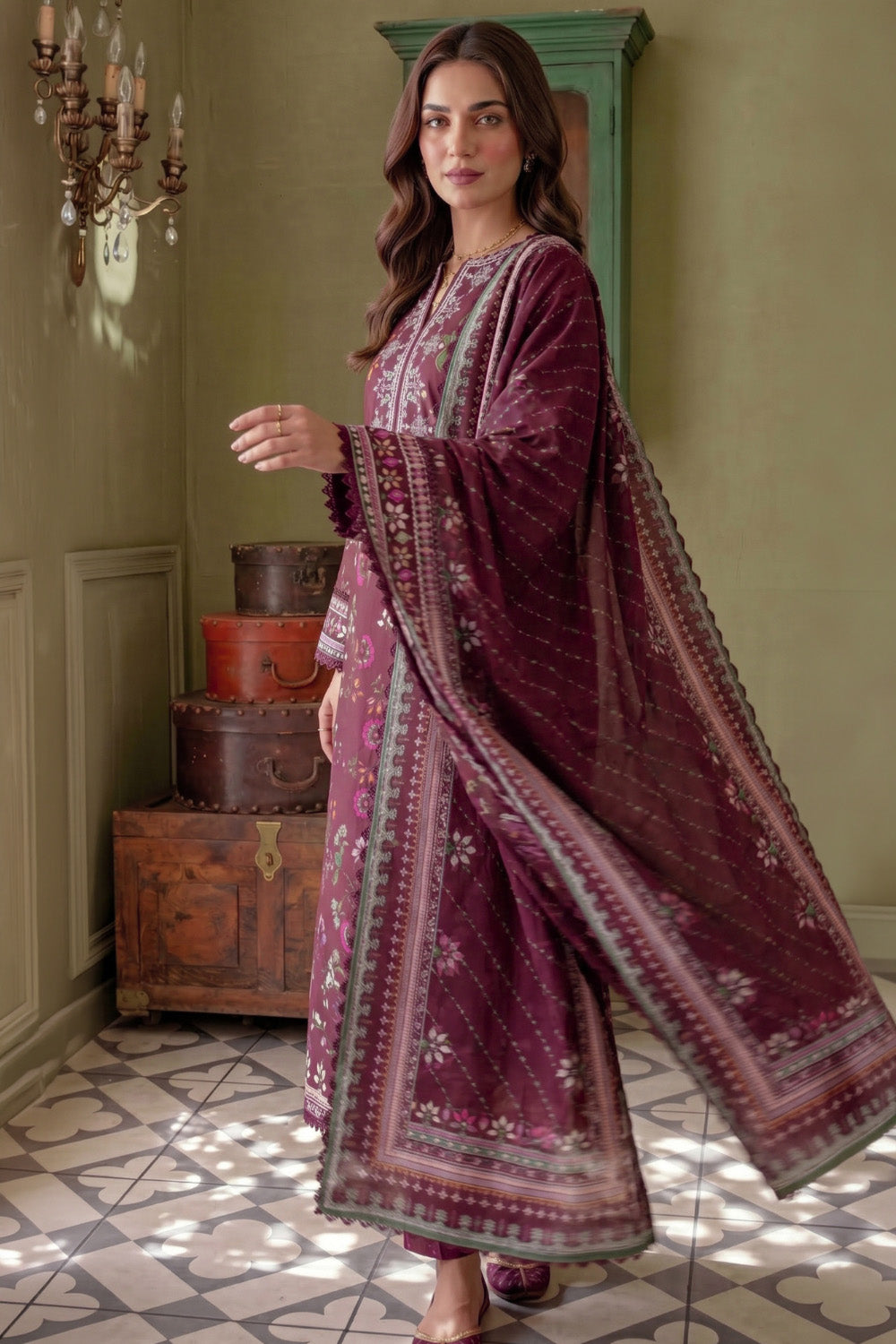 3 Piece - Embroidered Digital Printed Lawn Suit U001231 (Unstitched and Stitched)
