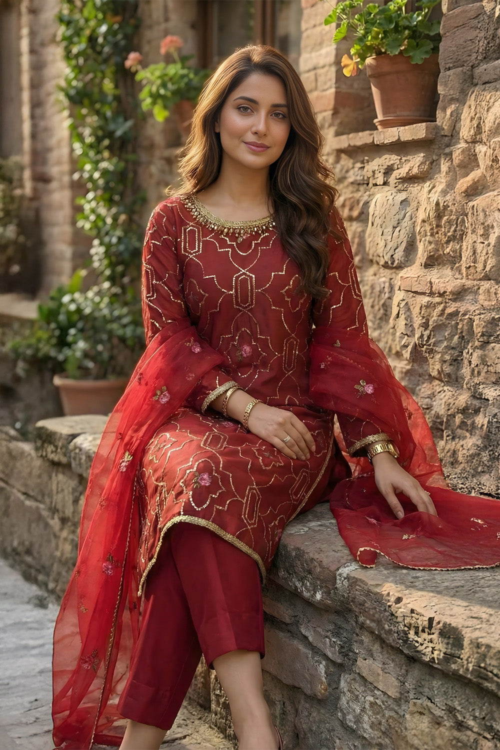 3 Piece - Embroidered Korean Silk Suit LFP1143