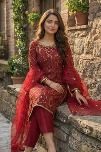 3 Piece - Embroidered Korean Silk Suit LFP1143