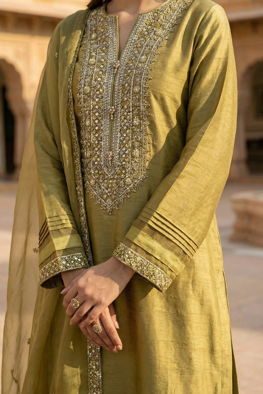 3 Piece - Embroidered Hand Embellished Sheesha Silk Suit LFP1144