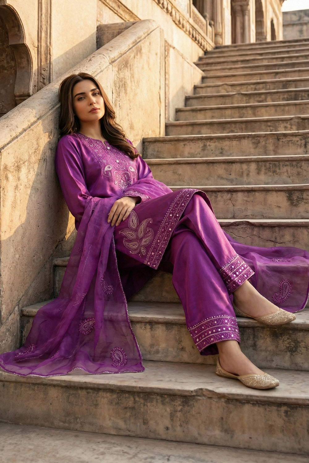 3 Piece - Premium Pure Silk Embroidered Suit LFP1148