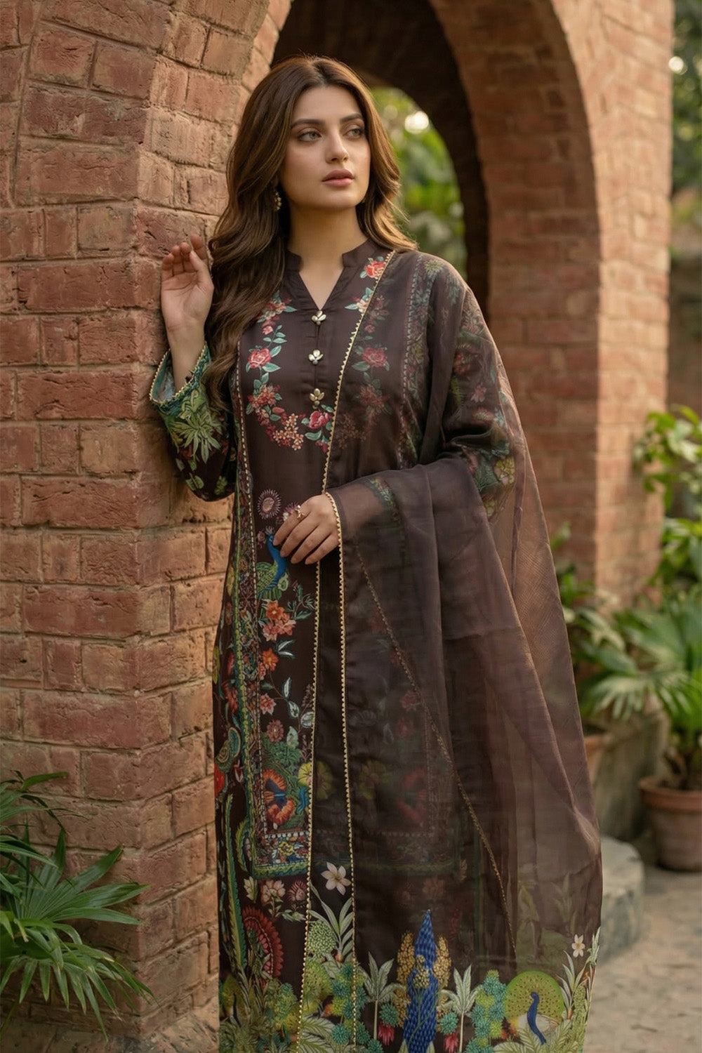 3 Piece - Embellished Printed Shamoz Silk Suit LFP1158