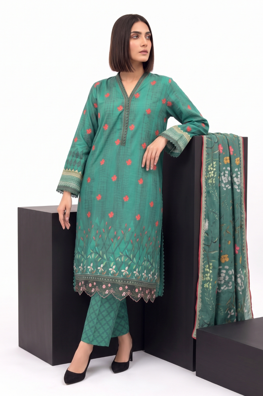 3 Piece - Embroidered Digital Printed Lawn Suit P001240