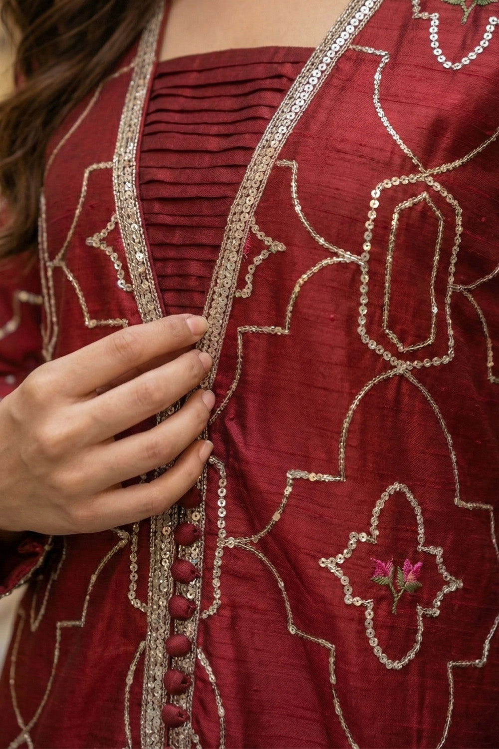 3 Piece - Embroidered Korean Silk Suit LFP1131