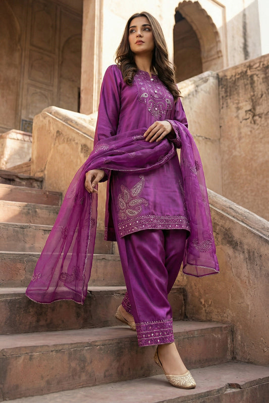 3 Piece - Premium Pure Silk Embroidered Suit LFP1148