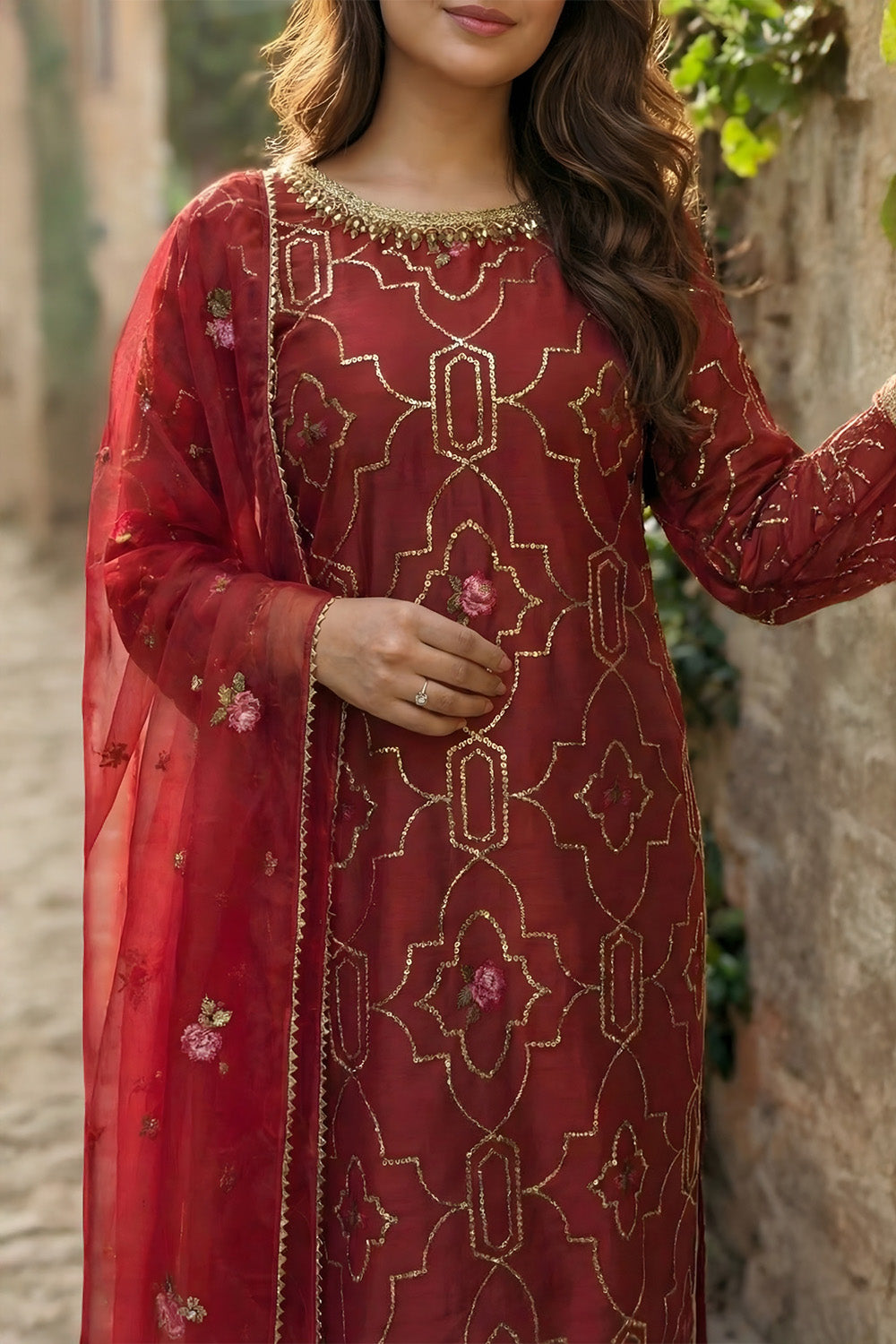 3 Piece - Embroidered Korean Silk Suit LFP1143