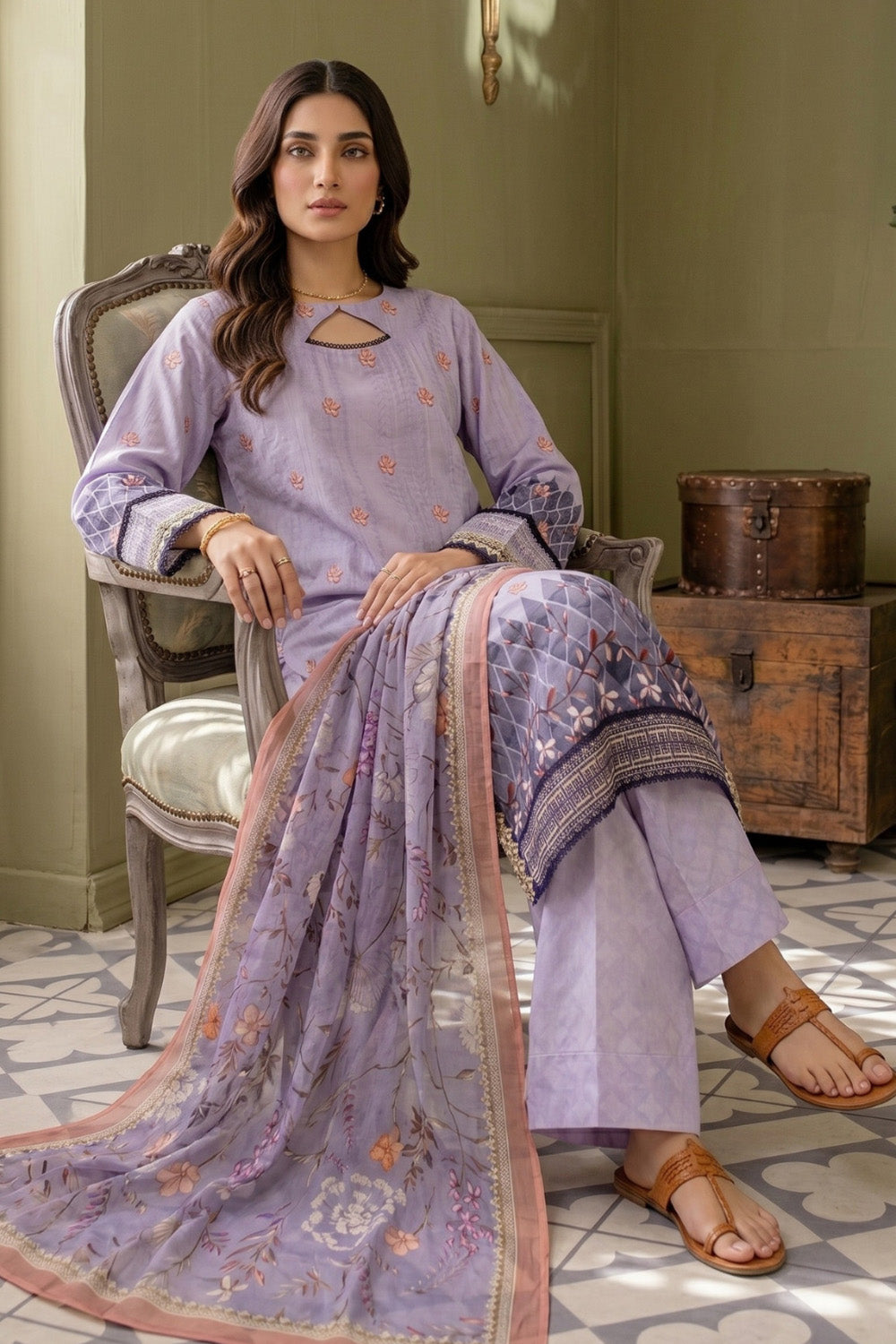 3 Piece - Embroidered Digital Printed Lawn Suit P001238