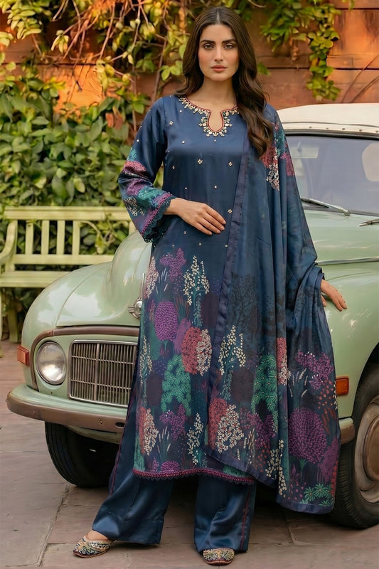 3 Piece - Embellished Printed Shamoz Silk Suit LFP1161