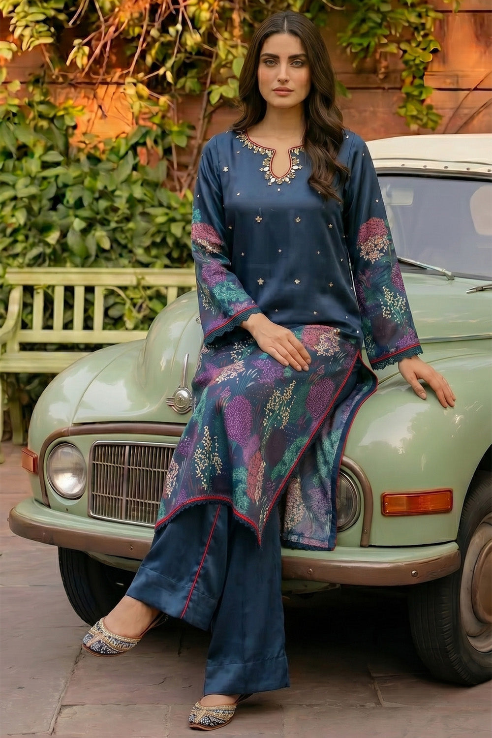 3 Piece - Embellished Printed Shamoz Silk Suit LFP1161