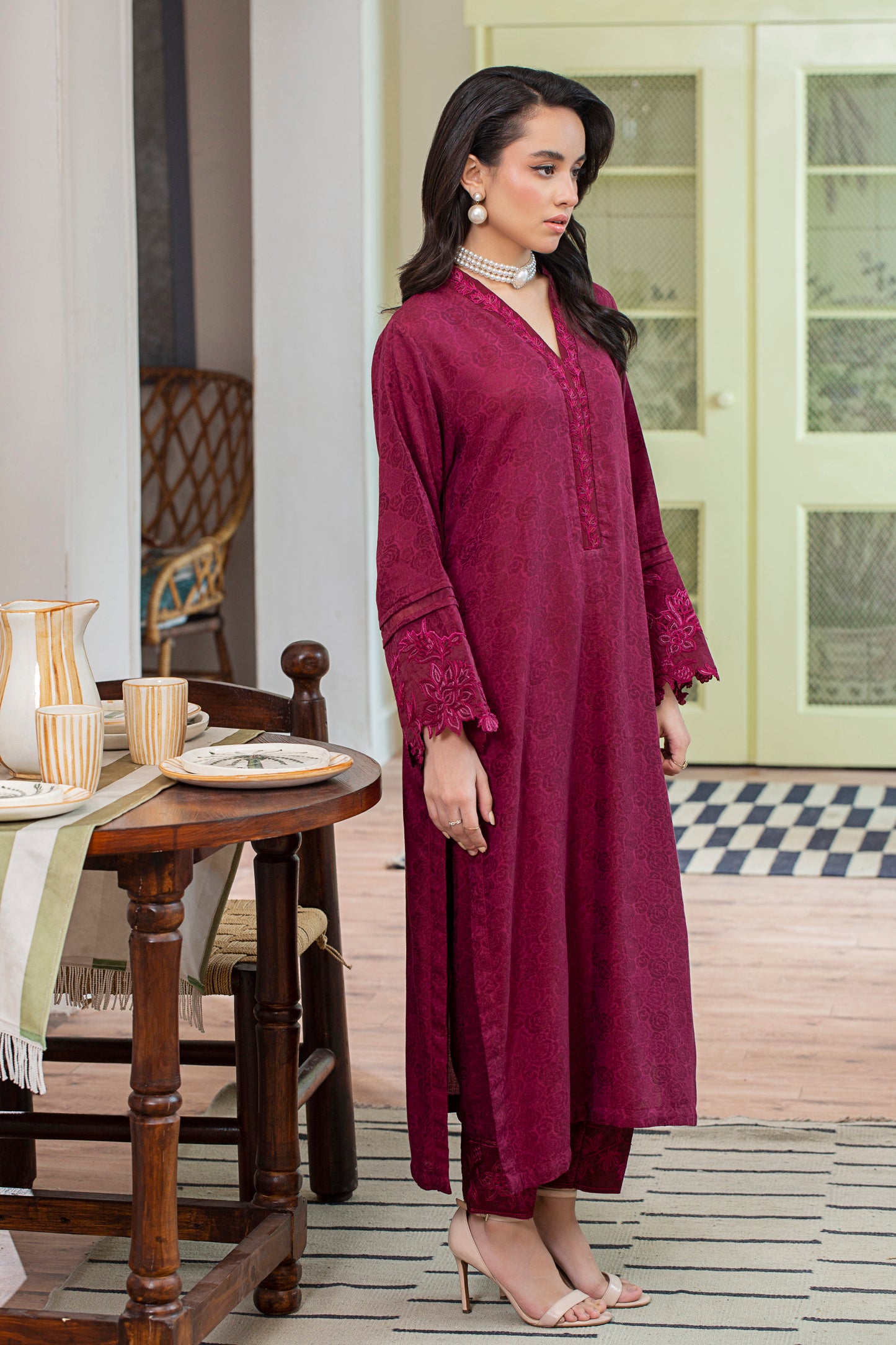 2 Piece - Embroidered Viscose Self Jacquard Suit P001035