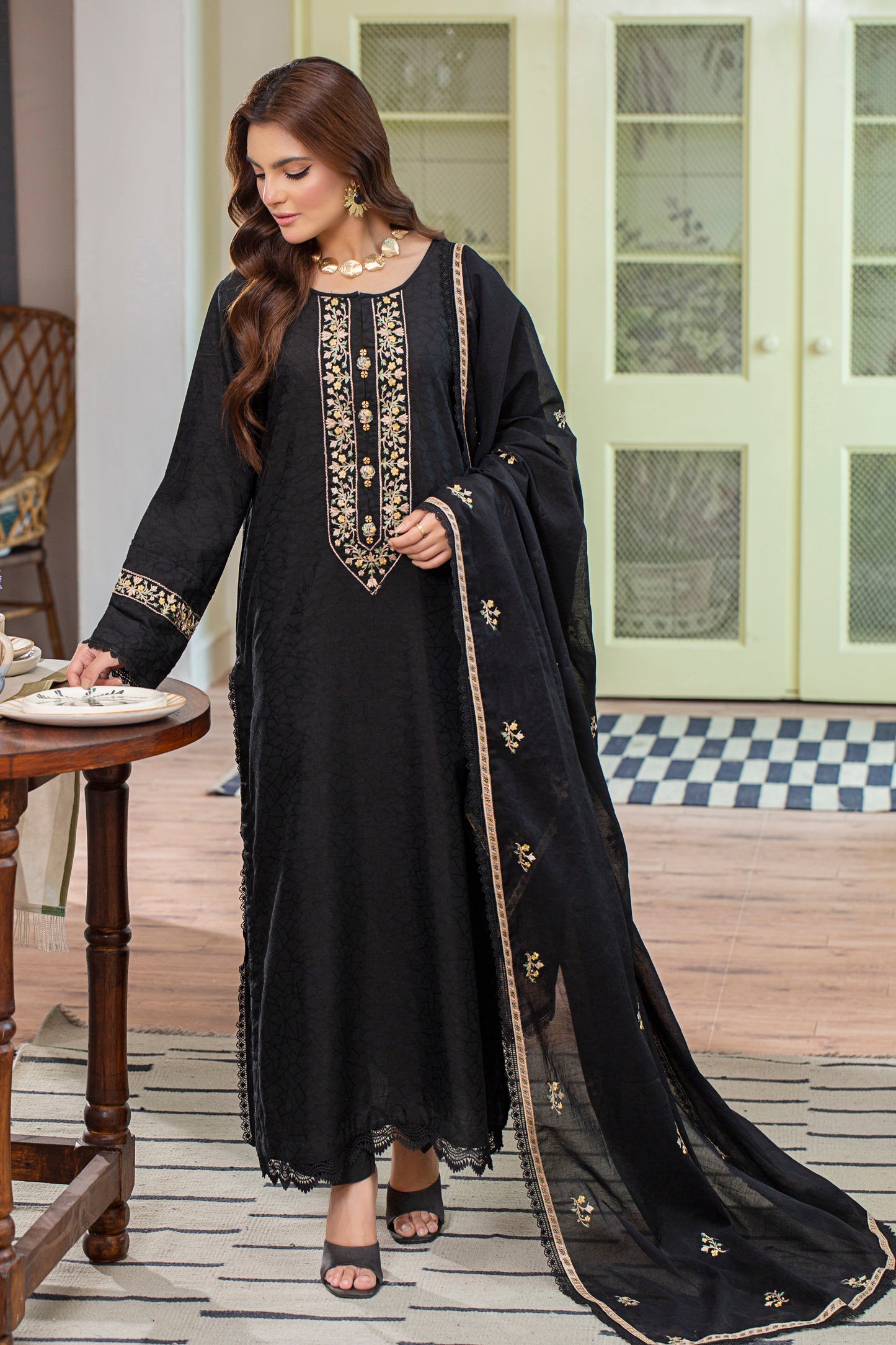 2 Piece - Embroidered Viscose Self Jacquard Suit P001034