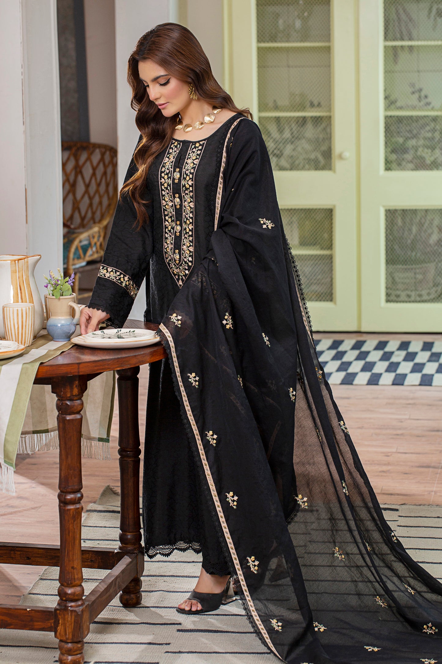 2 Piece - Embroidered Viscose Self Jacquard Suit P001034