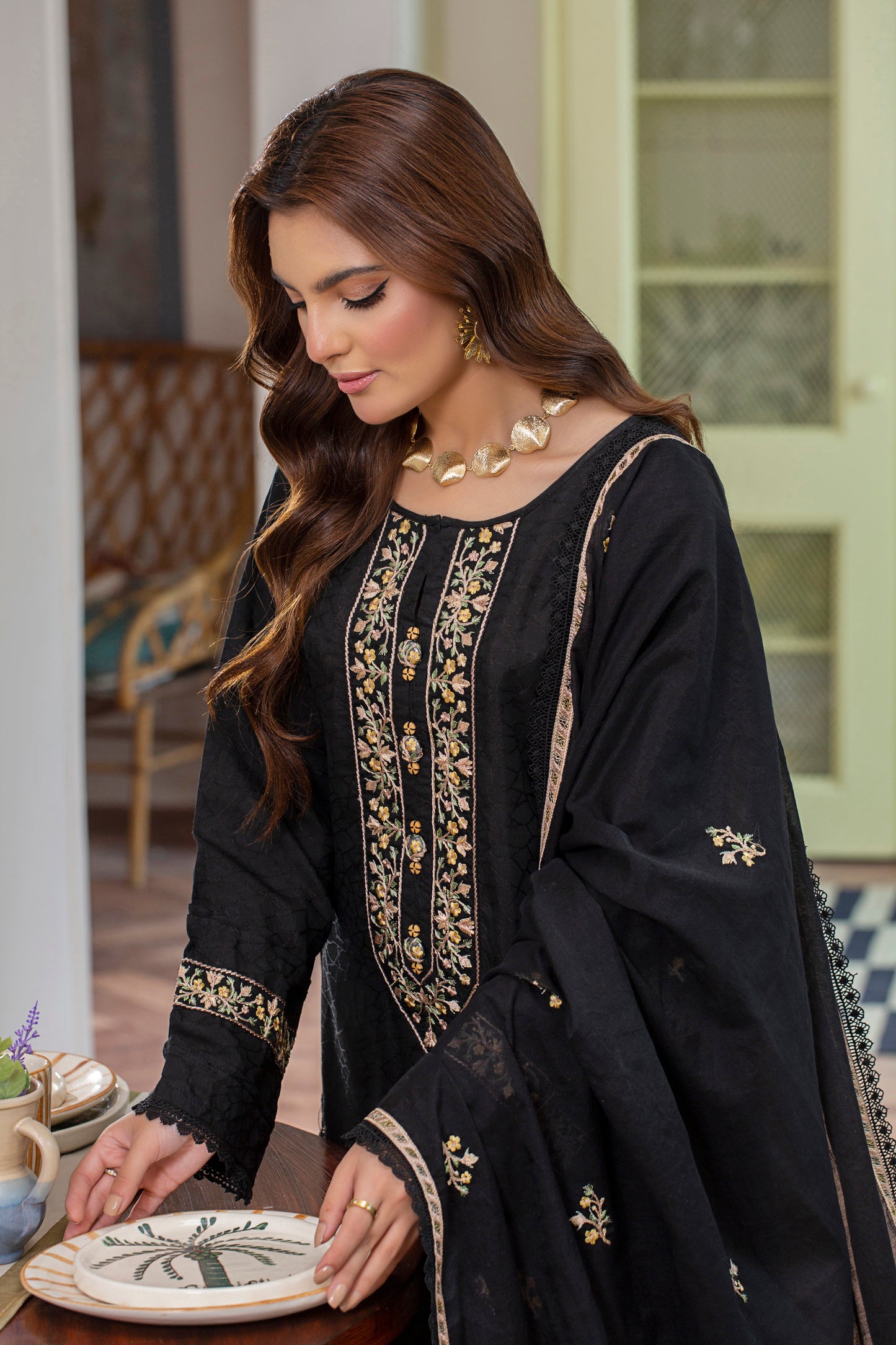 2 Piece - Embroidered Viscose Self Jacquard Suit P001034