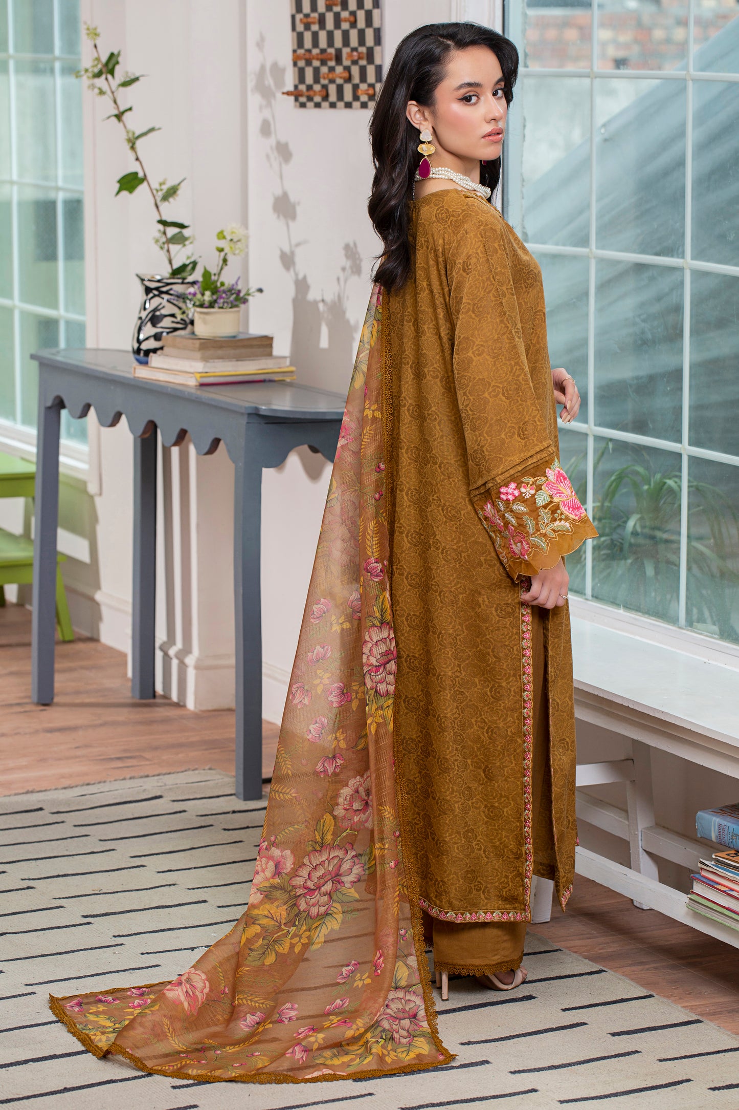 3 Piece - Embroidered Viscose Self Jacquard Suit P001173