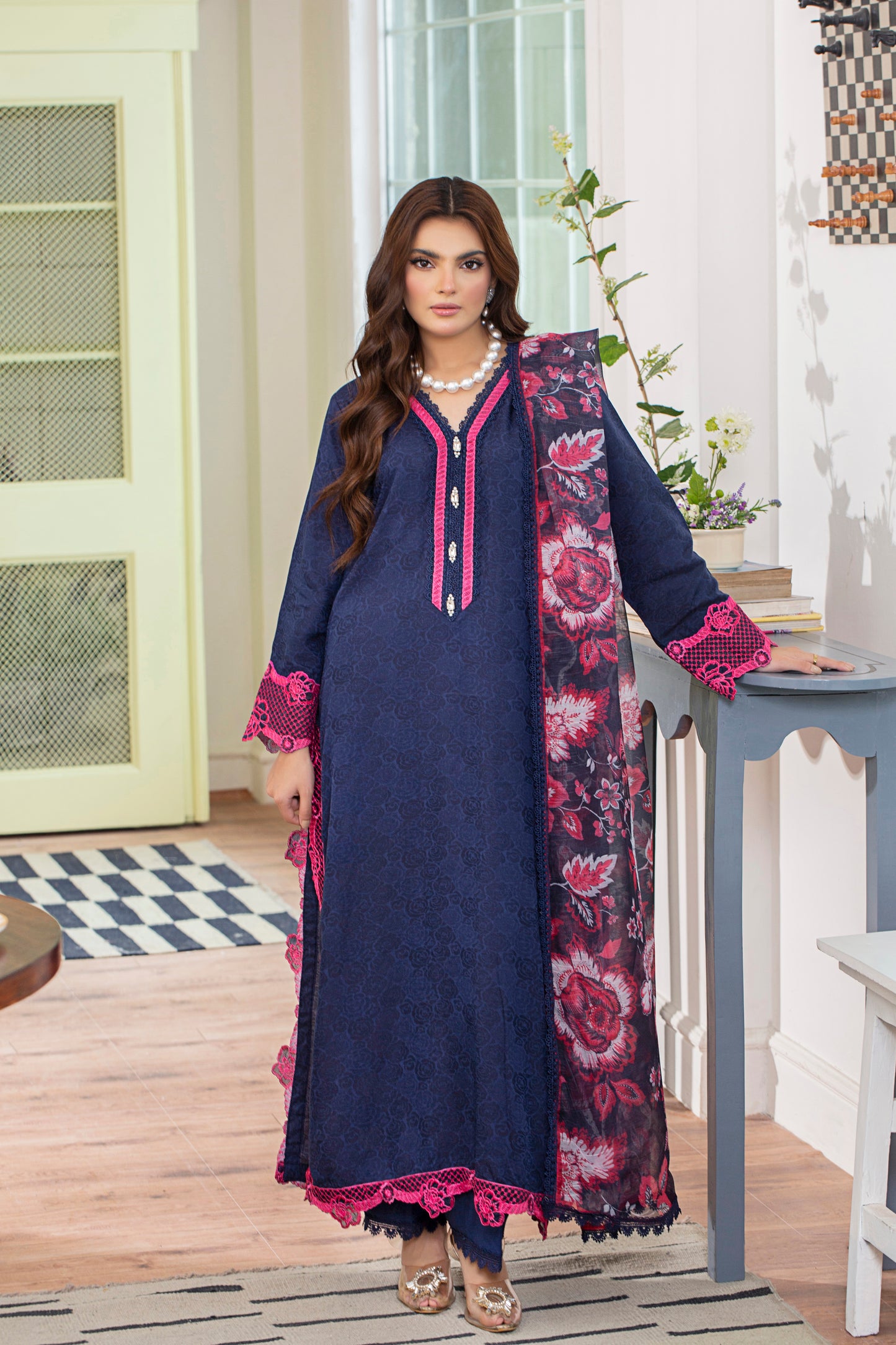 3 Piece - Embroidered Viscose Self Jacquard Suit P001172