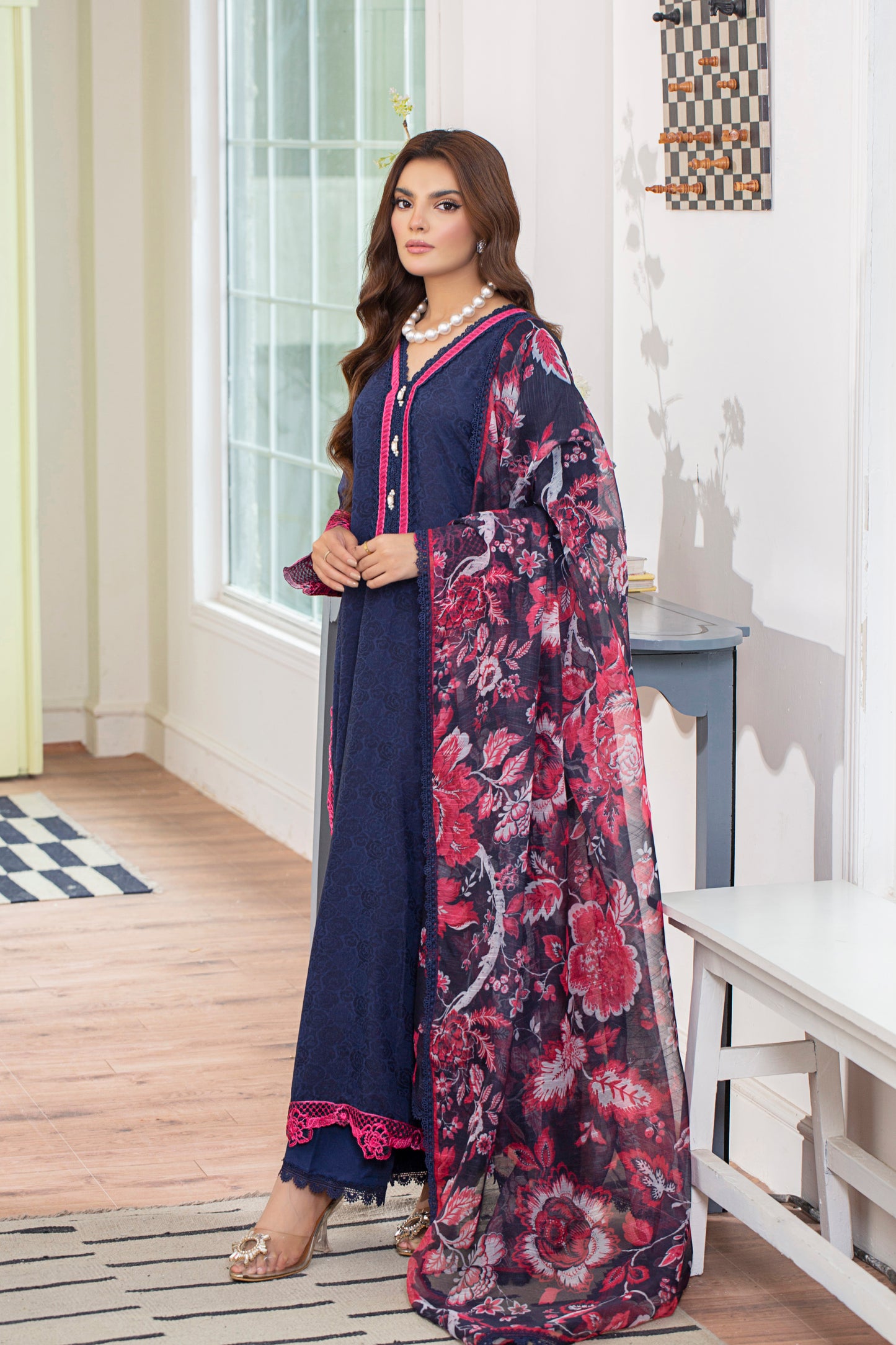 3 Piece - Embroidered Viscose Self Jacquard Suit P001172