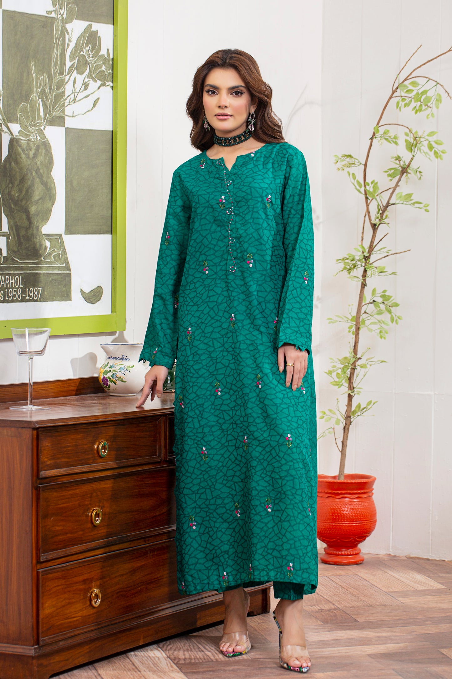 2 Piece - Embroidered Viscose Self Jacquard Suit P001036