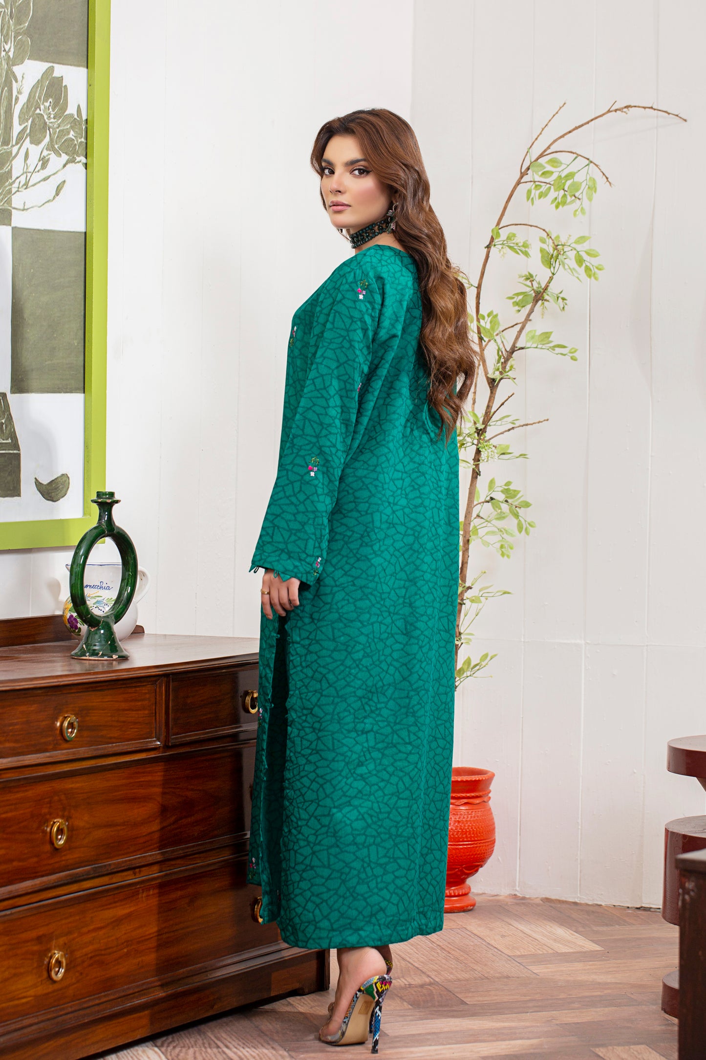 2 Piece - Embroidered Viscose Self Jacquard Suit P001036