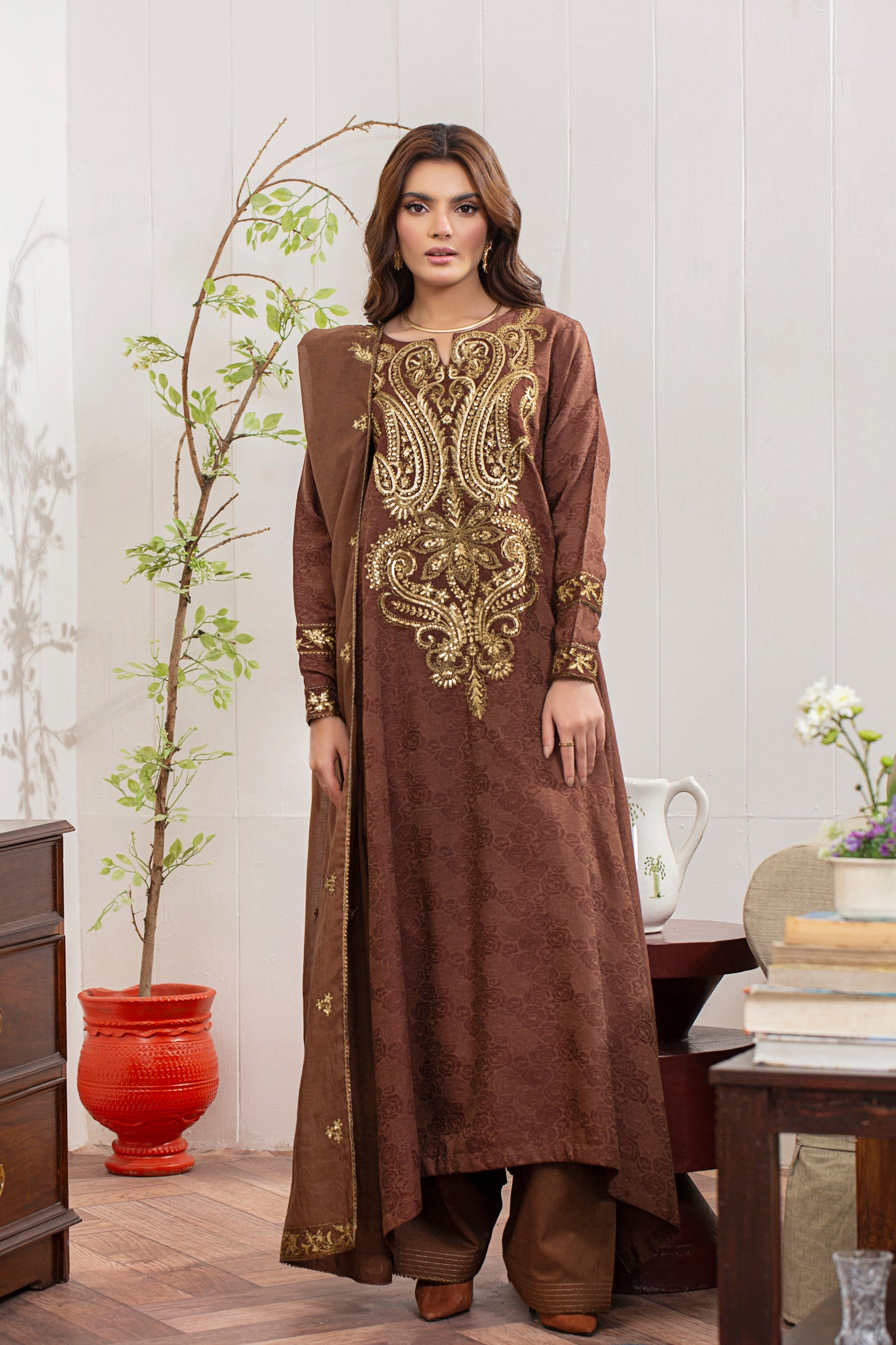 2 Piece - Embroidered Viscose Self Jacquard Suit P0867