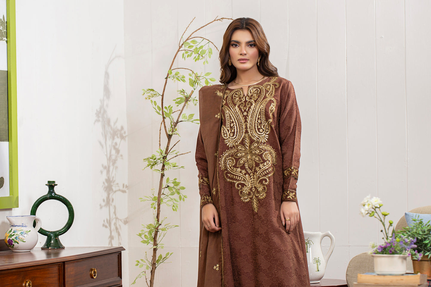 2 Piece - Embroidered Viscose Self Jacquard Suit P0867