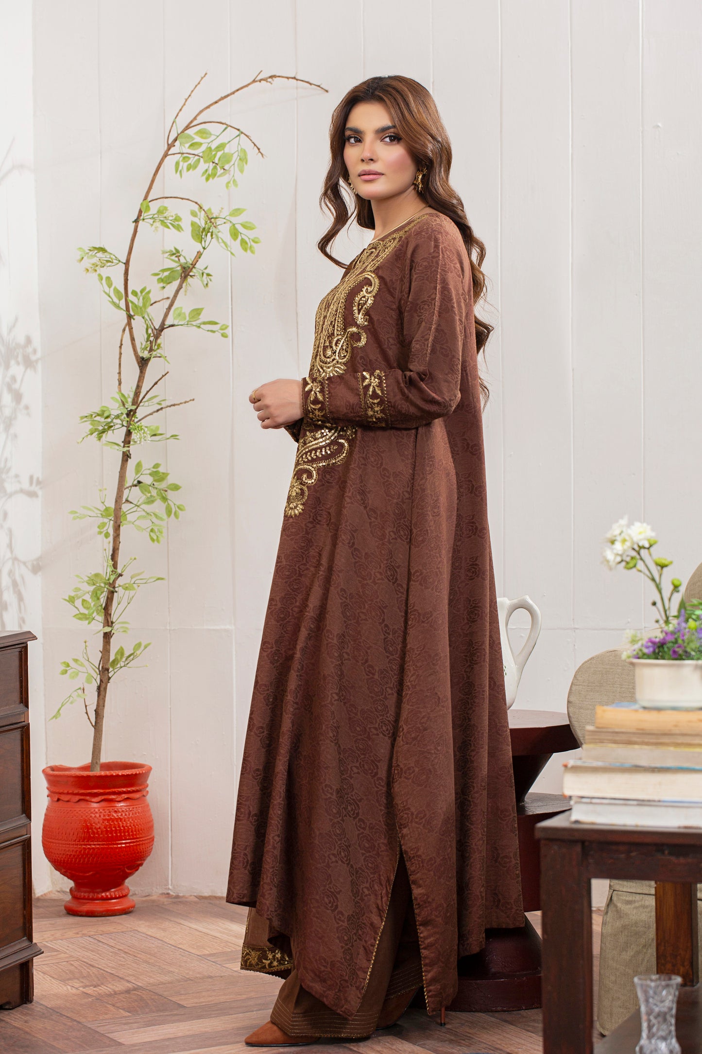 2 Piece - Embroidered Viscose Self Jacquard Suit P0867