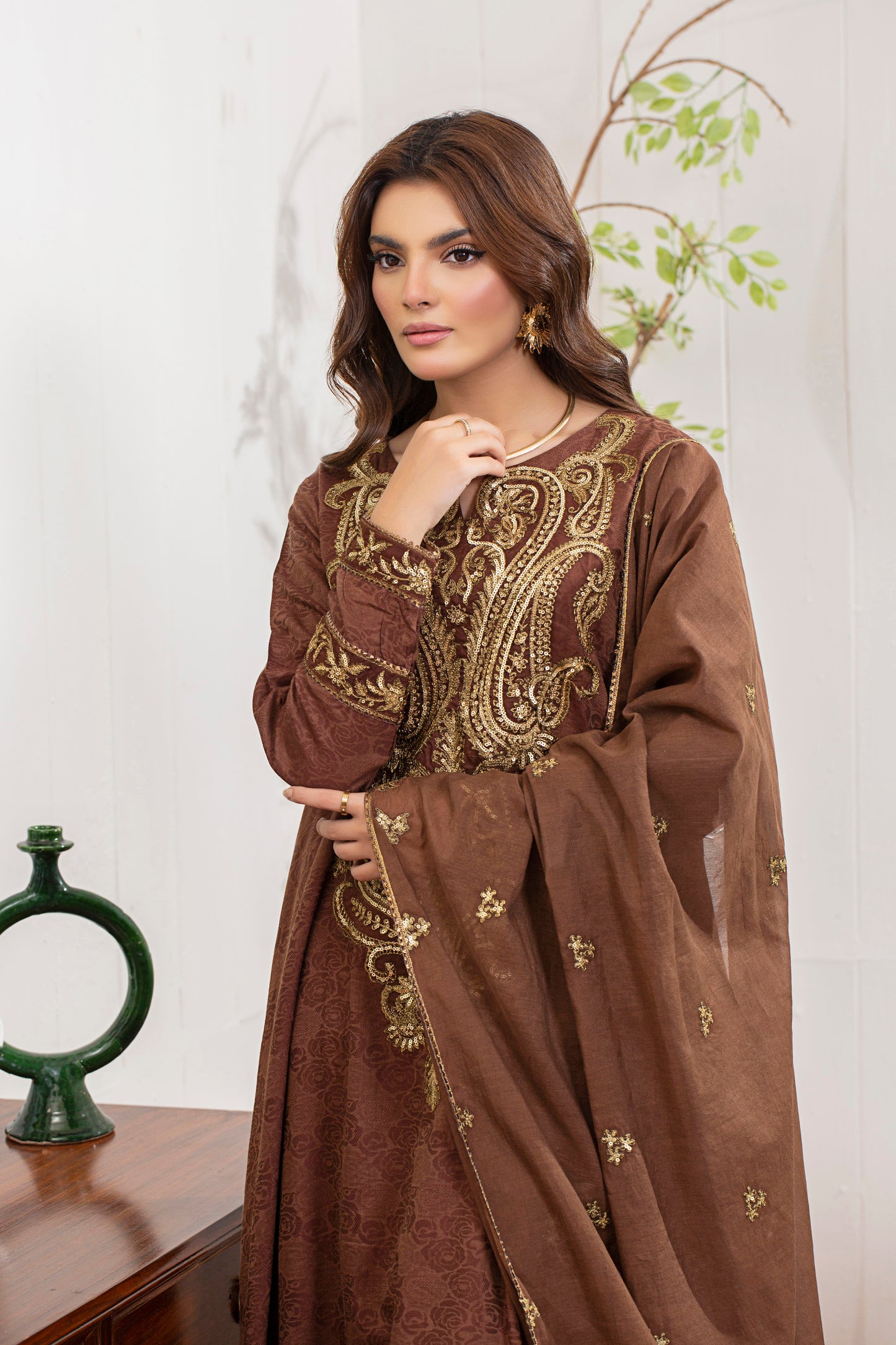 2 Piece - Embroidered Viscose Self Jacquard Suit P0867