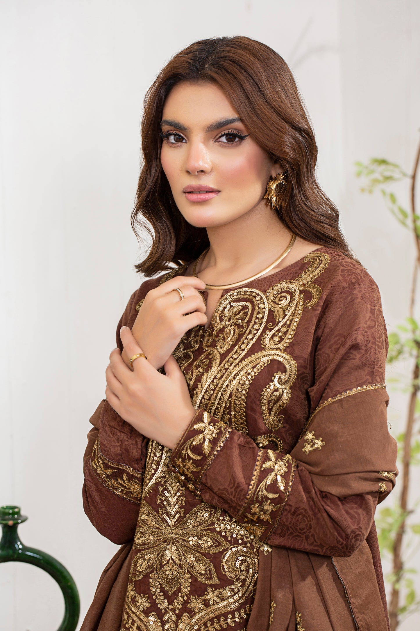 2 Piece - Embroidered Viscose Self Jacquard Suit P0867