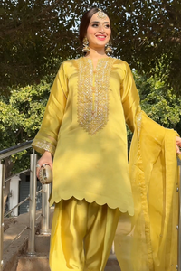 3 Piece - Embroidered Hand Embellished Premium Pure Silk Suit LFP1144
