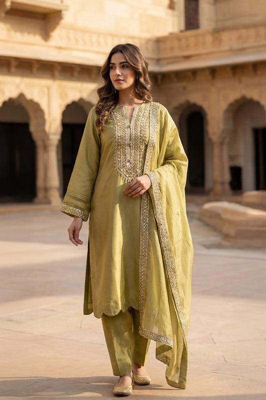 3 Piece - Embroidered Hand Embellished Sheesha Silk Suit LFP1144