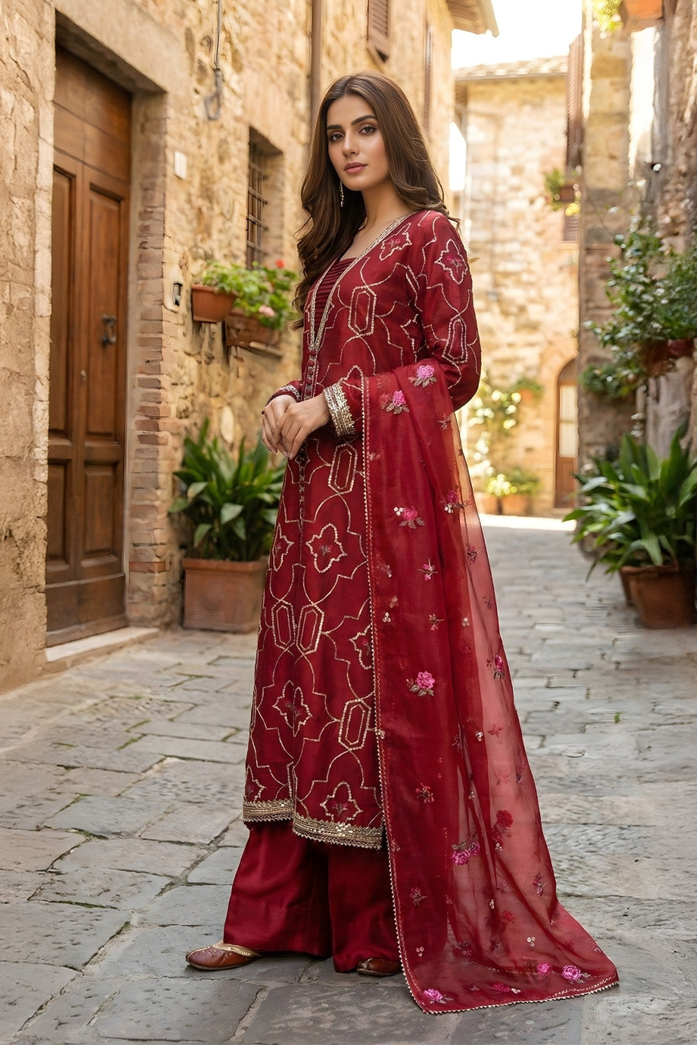 3 Piece - Embroidered Korean Silk Suit LFP1131