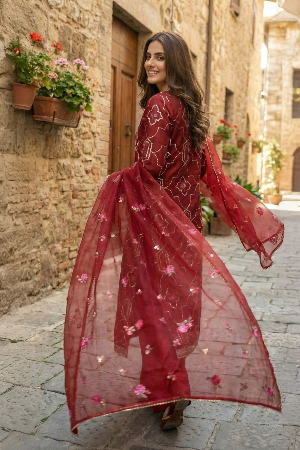 3 Piece - Embroidered Korean Silk Suit LFP1131