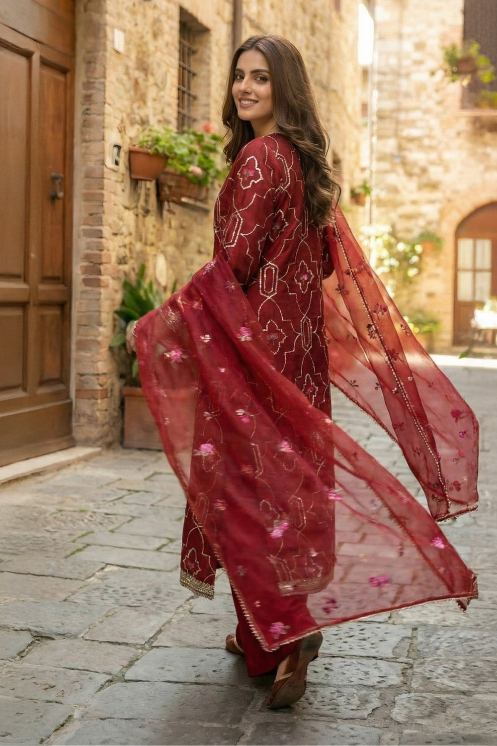 3 Piece - Embroidered Korean Silk Suit LFP1131