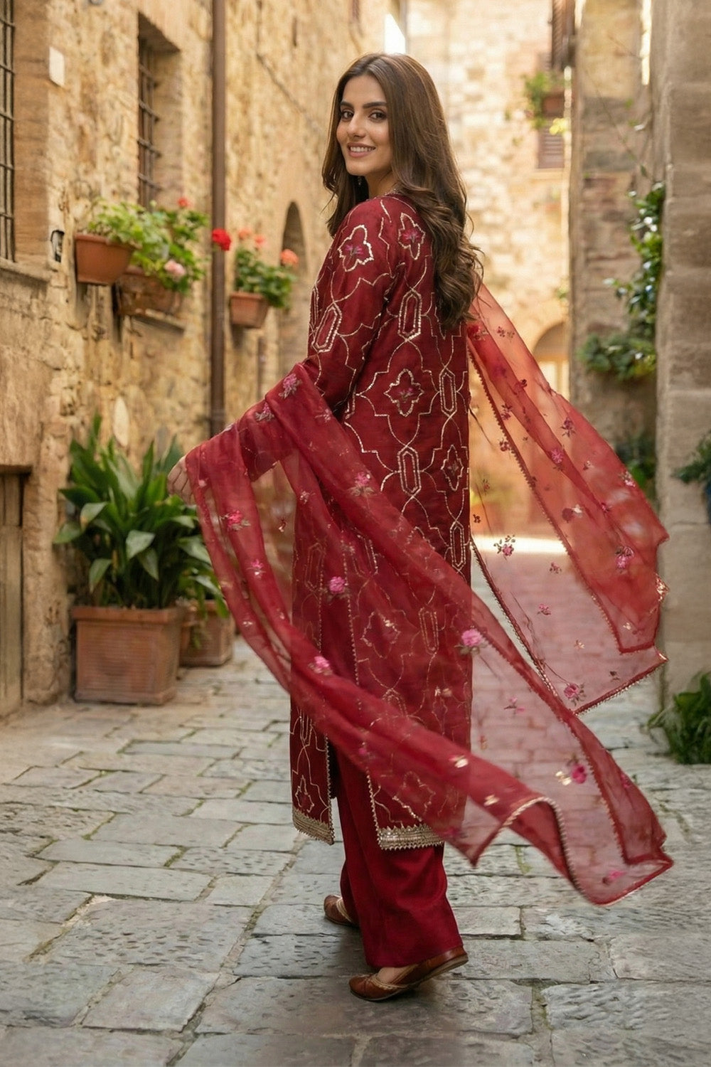 3 Piece - Embroidered Korean Silk Suit LFP1131