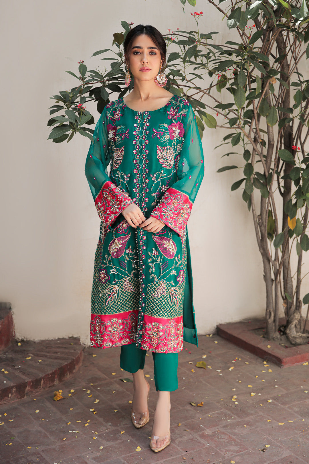 2 Piece - Dyed Embroidered Organza Suit L0292