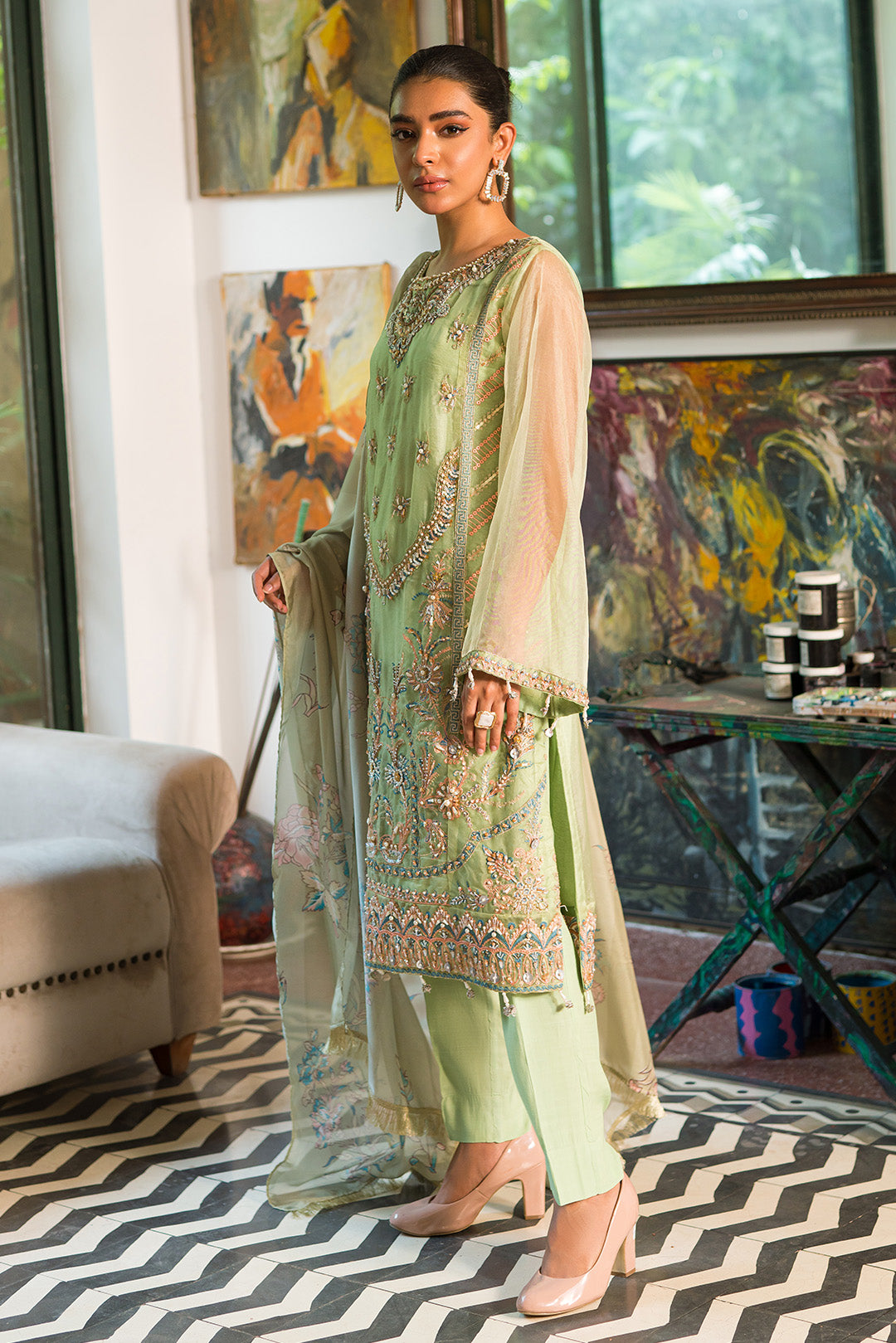 3 Piece - Dyed Embroidered Organza Suit with Handmade Embellishment L0298