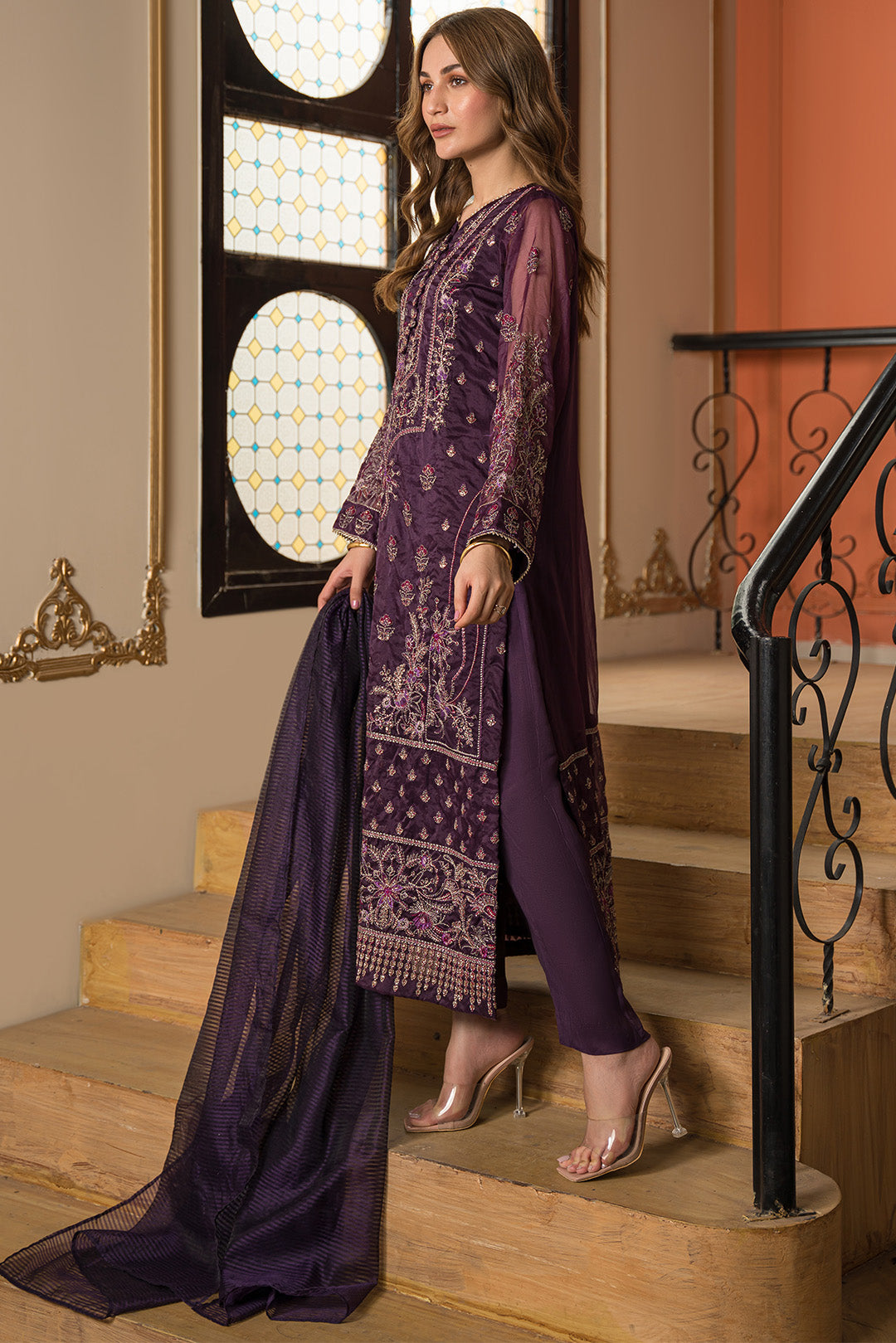 3 Piece - Dyed Embroidered Organza Suit L0594