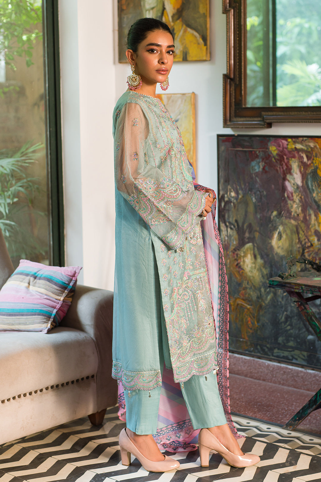 2 Piece - Dyed Embroidered Organza Suit L0780