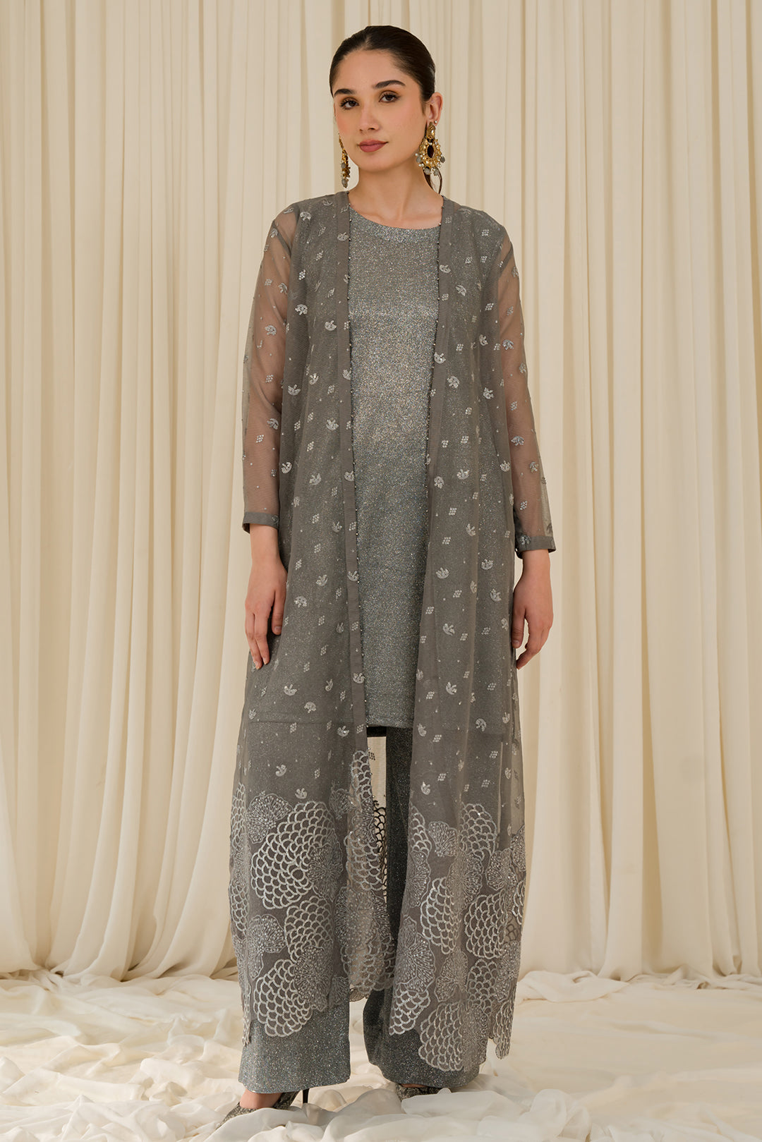 3 Piece - Embroidered Stretchy Woven Shimmer Suit L0961