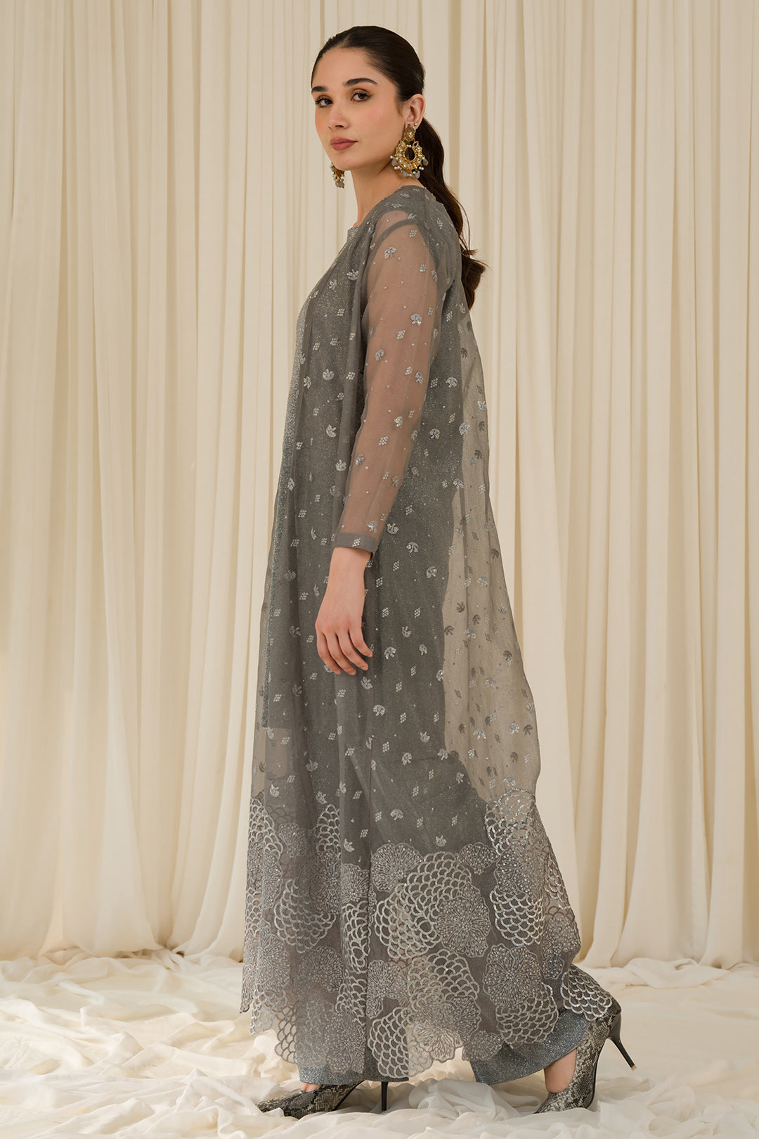 3 Piece - Embroidered Stretchy Woven Shimmer Suit L0961