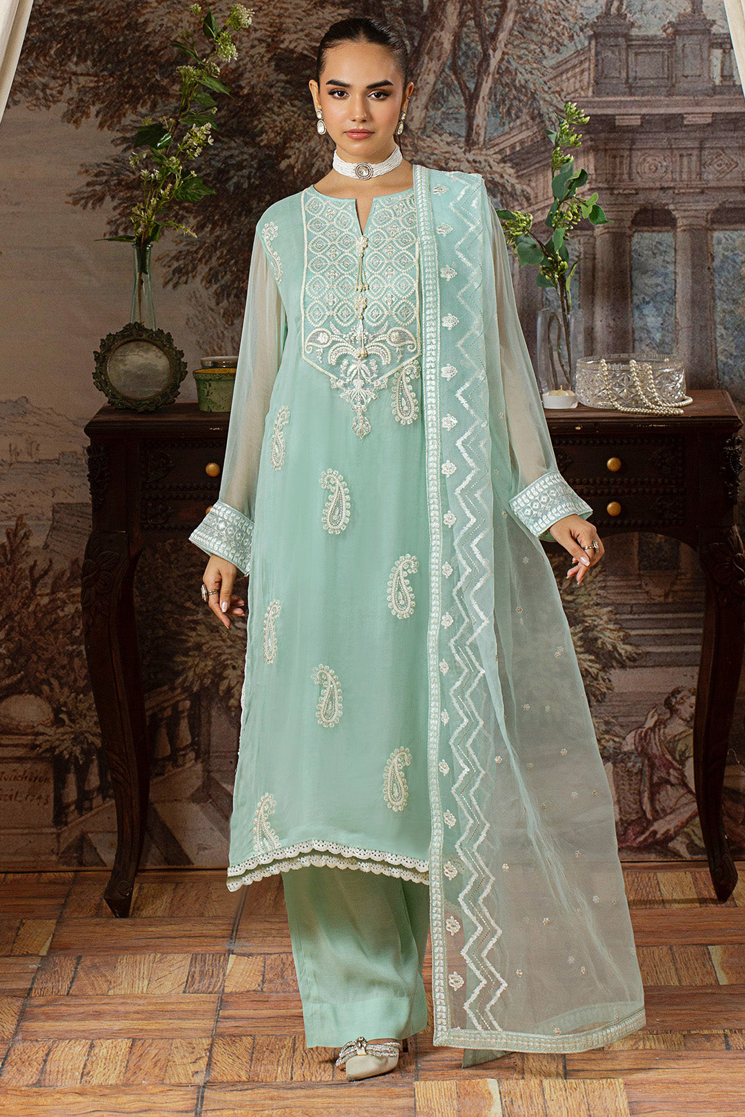 4 Piece - Embroidered Chiffon Suit L1148