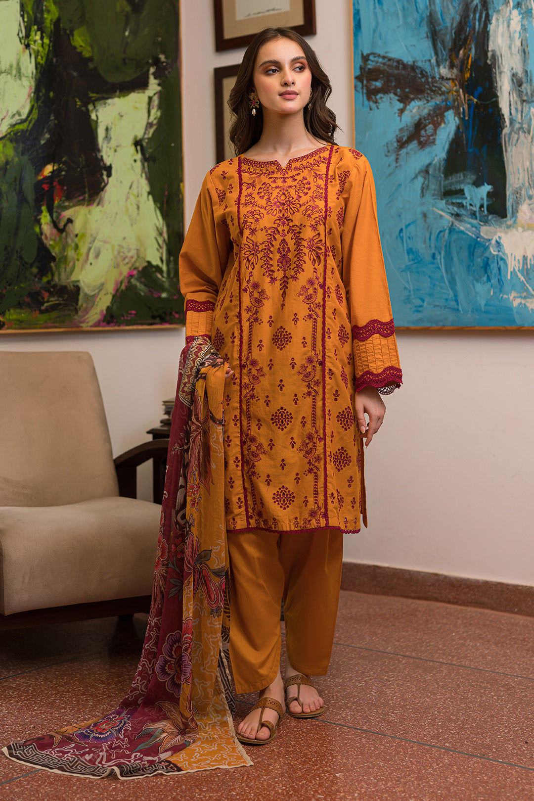 3 Piece - Dyed Embroidered Schiffli Lawn Suit P0642 (SO)