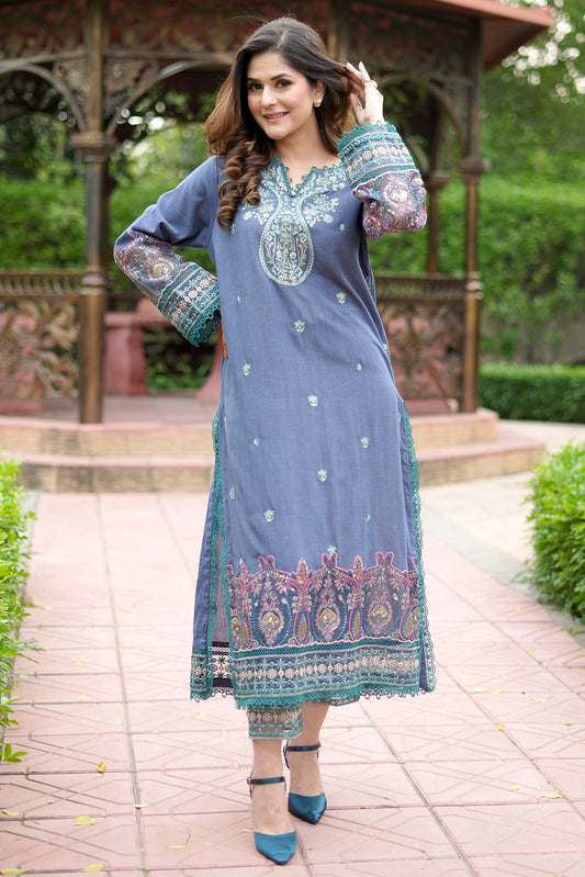 2 Piece - Dyed Embroidered Chambray Suit P0803